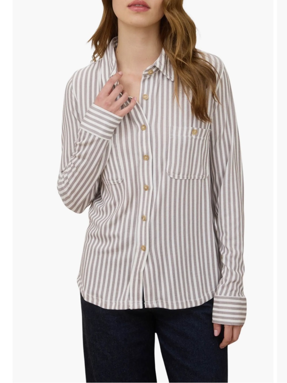 Perch by Blu Pepper Mocha Striped Casual Staple Button-Front Shirt